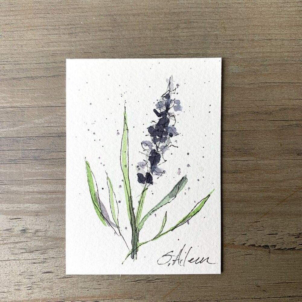 ACEO Painting Watercolor Ink Lavender Flower Purple Botanical Minimal IV Signed - Picture 2 of 2
